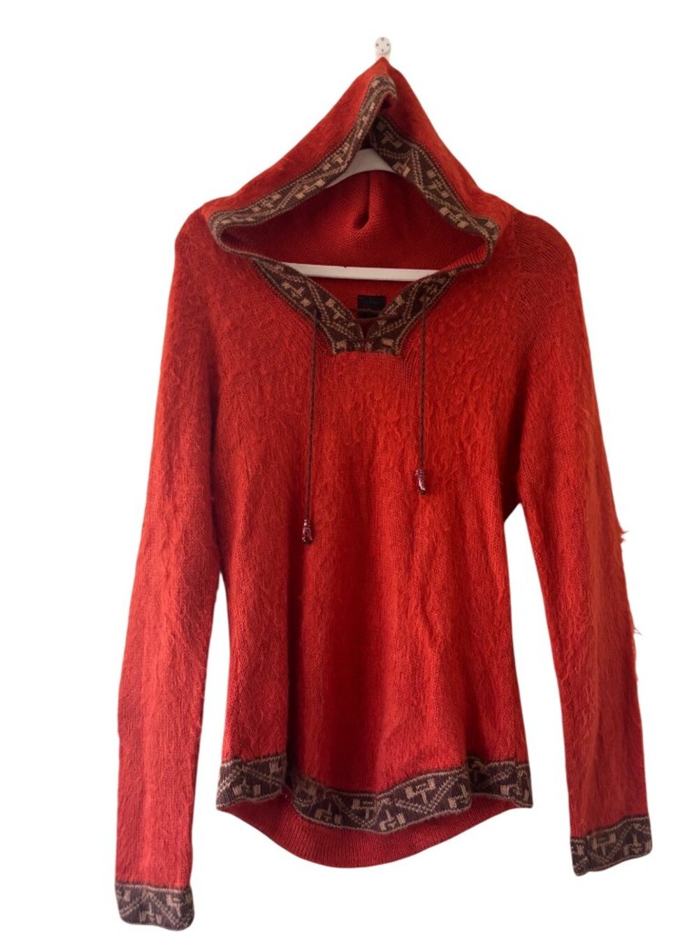 Alpaca Fina Handmade Red Hooded Sweater Ethnic Trim Drawstring Owl Accent